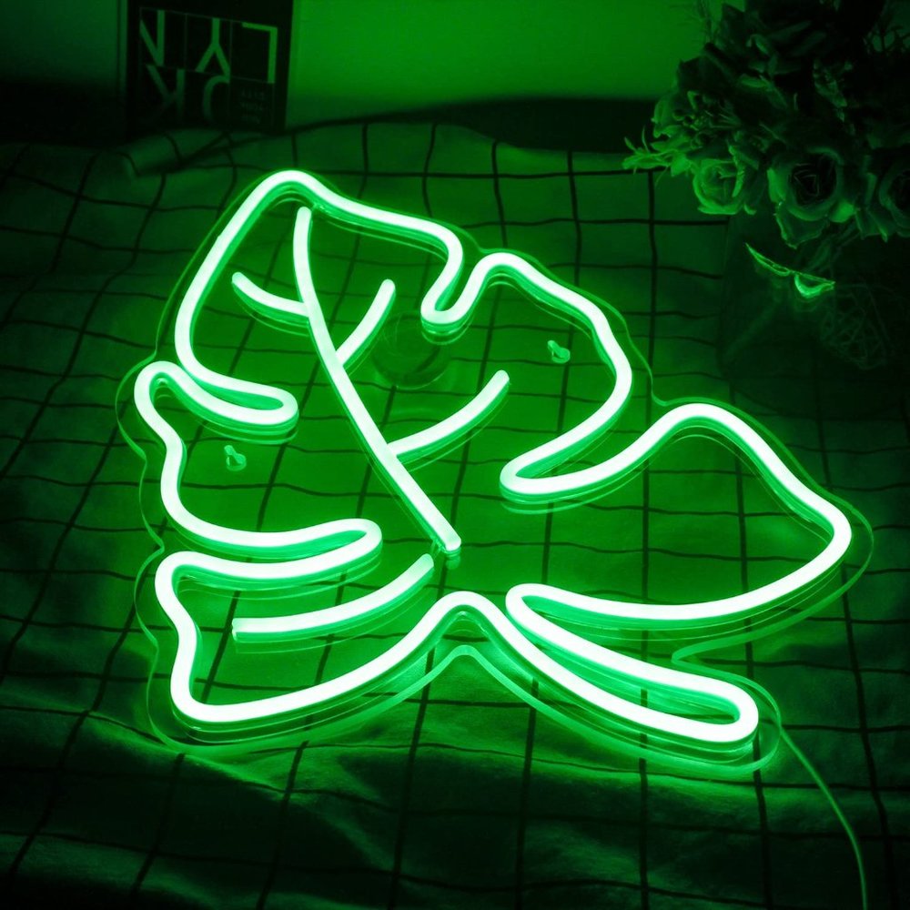 Neon Monstera Green Leaf Light Summer Spring Wall/Room/Outdoor/Porch/Window Deco - Picture 2 of 6